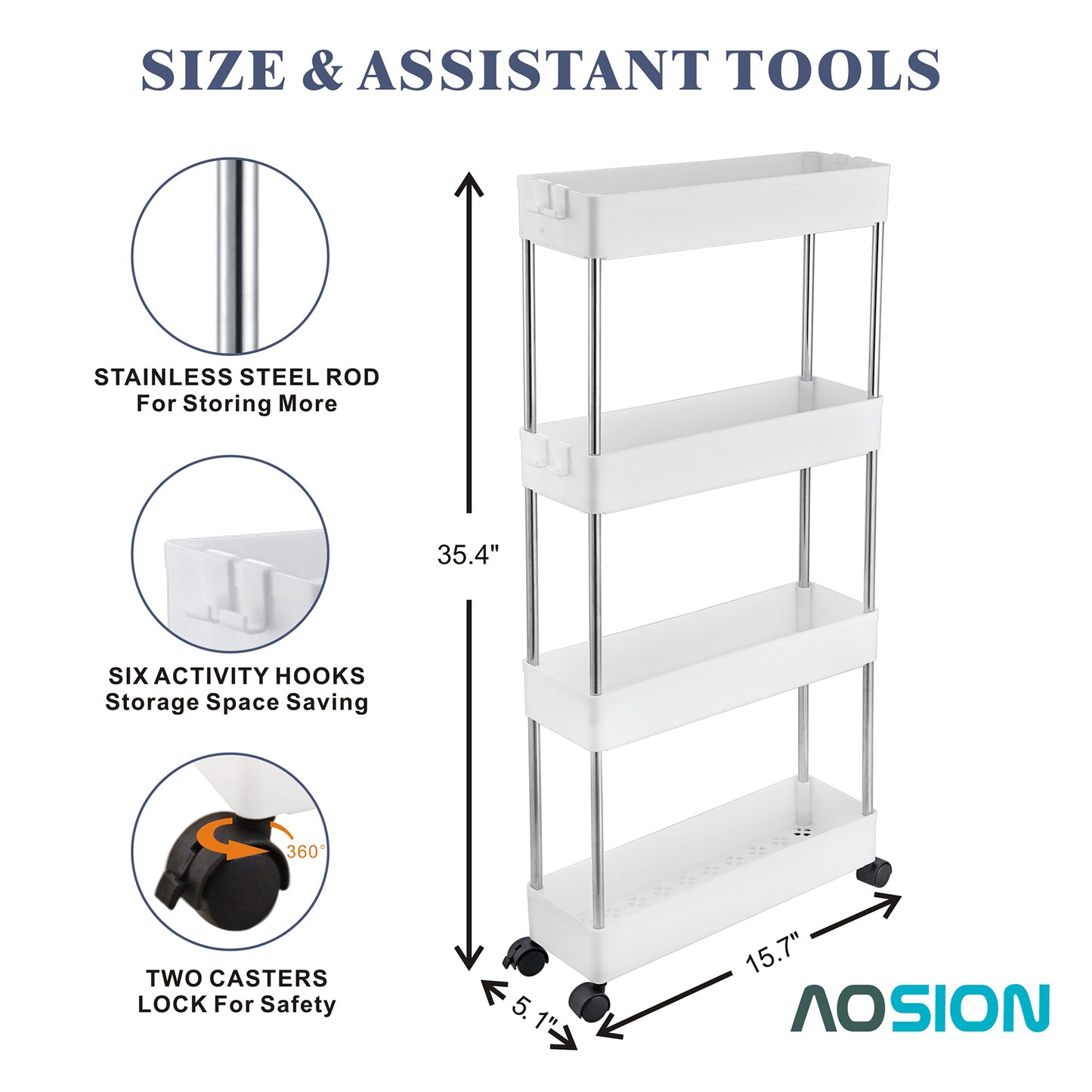 AOSION Shelf Organizer, 4 Tier Rolling Cart for Bathroom Kitchen Bedroom