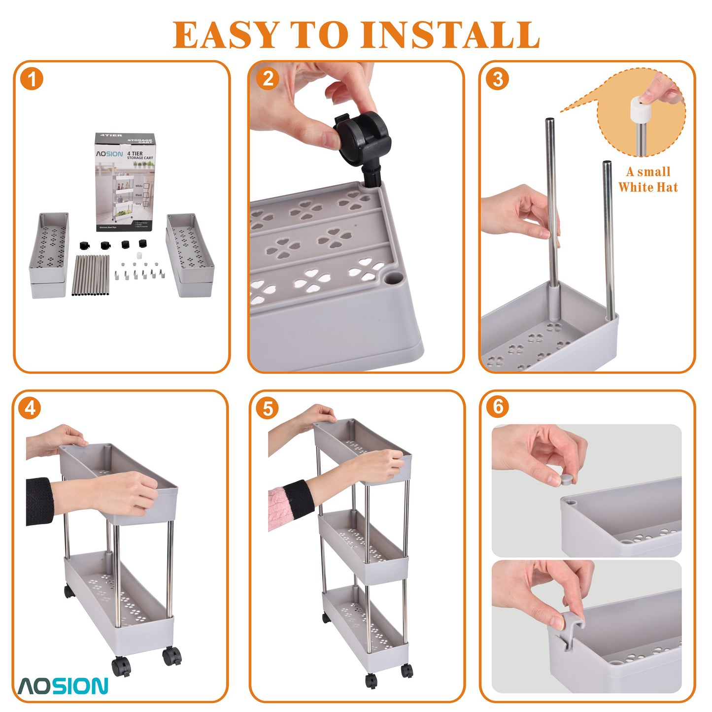 AOSION Shelf Organizer, 4 Tier Rolling Cart for Bathroom Kitchen Bedroom