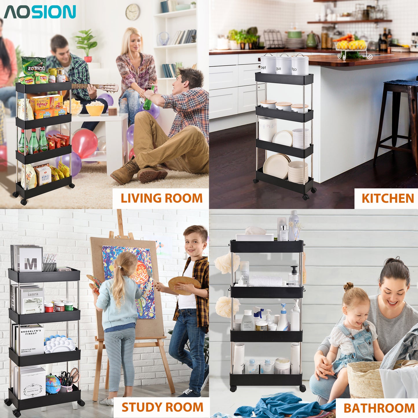 AOSION Shelf Organizer, 4 Tier Rolling Cart for Bathroom Kitchen Bedroom