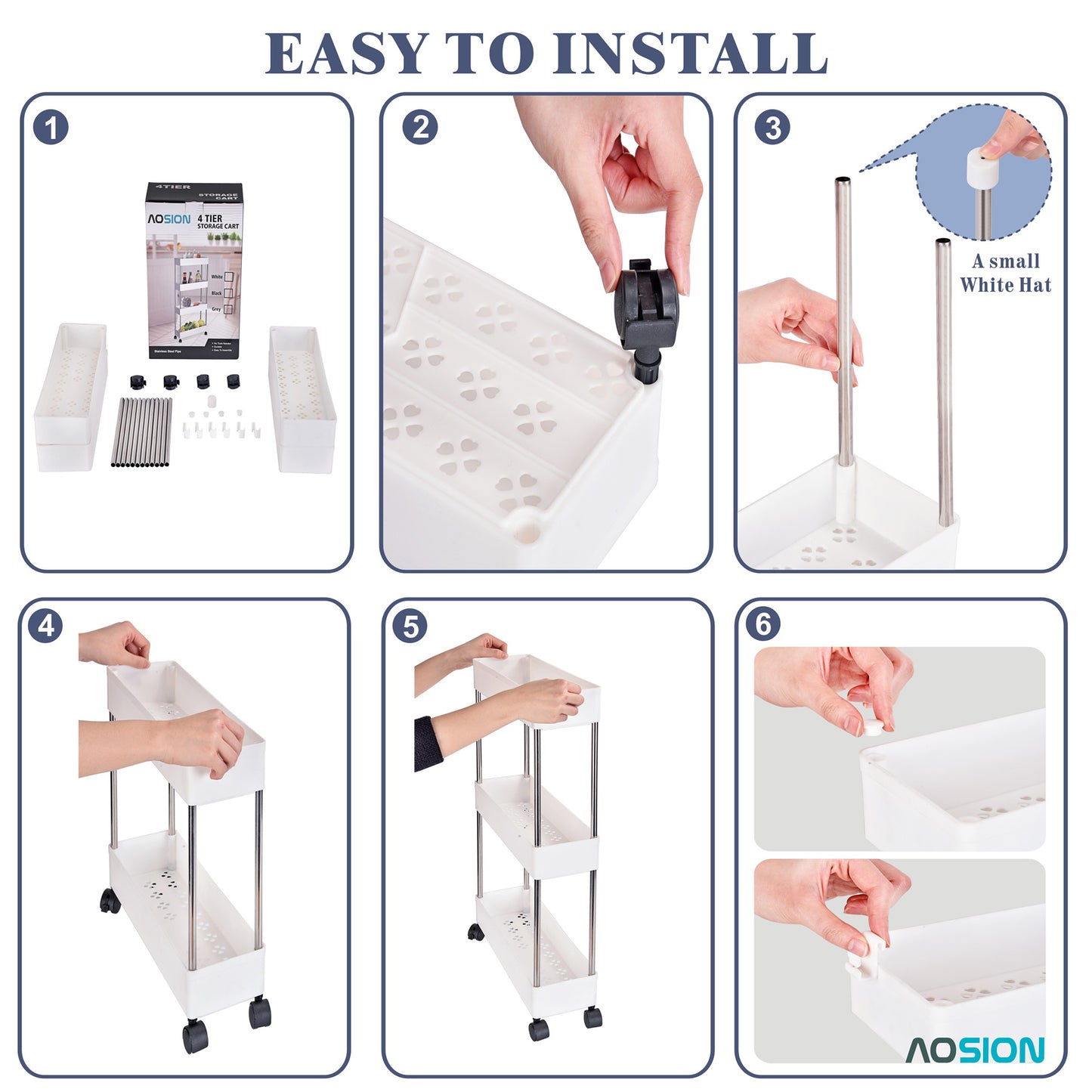 AOSION Shelf Organizer, 4 Tier Rolling Cart for Bathroom Kitchen Bedroom