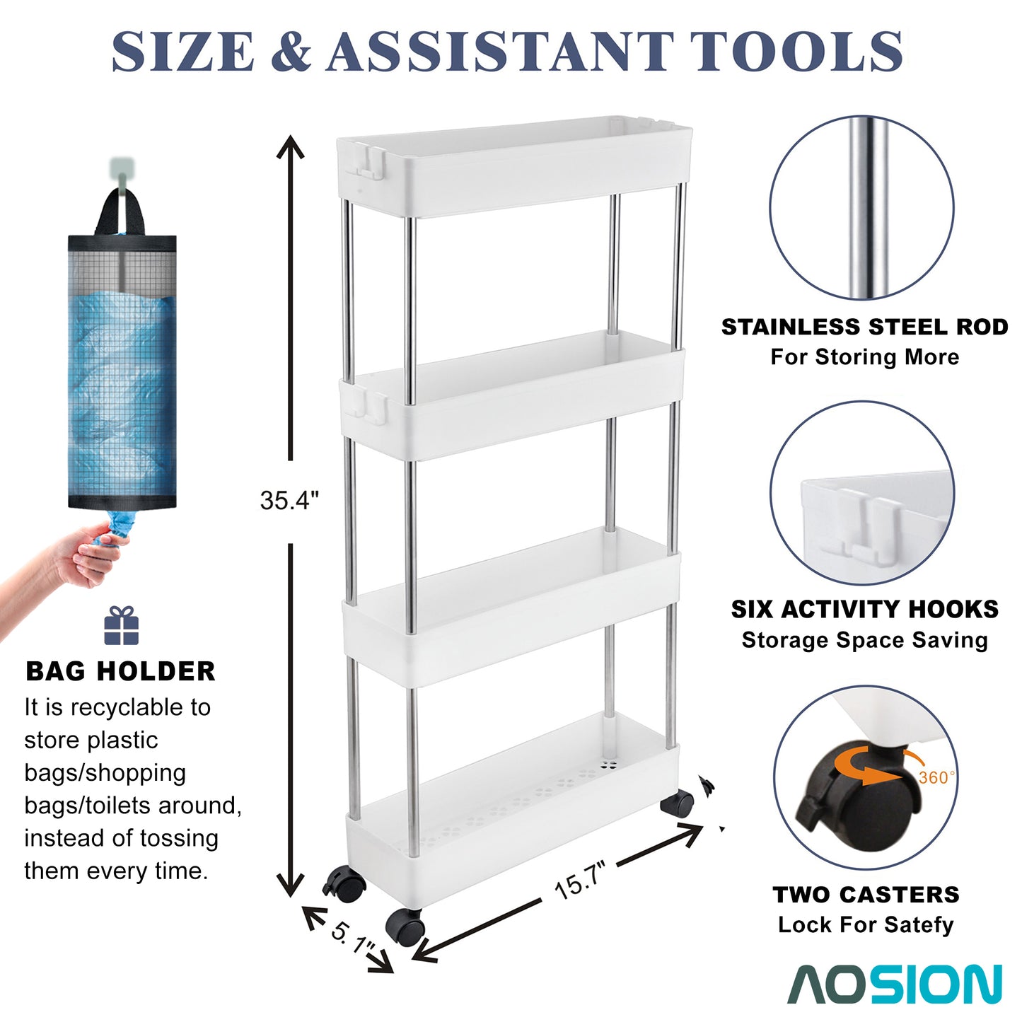 AOSION Shelf Organizer, 4 Tier Rolling Cart for Bathroom Kitchen Bedroom