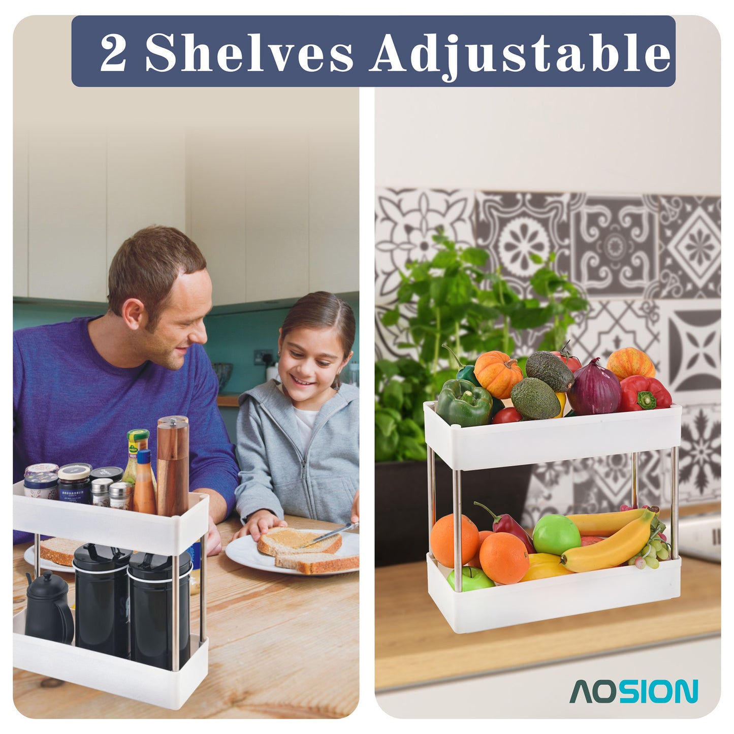 AOSION Shelf Organizer, 4 Tier Rolling Cart for Bathroom Kitchen Bedroom