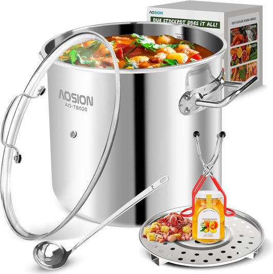 AOSION 20 Quart Stainless Steel Stock Pot With Lid,Large Induction Soup Pot with Steam Rack & Canning Jar Lifter,Healthy Polished Tamale Steamer Pot for Seafood Crab,Pasta Dishwasher & Oven Safe.
