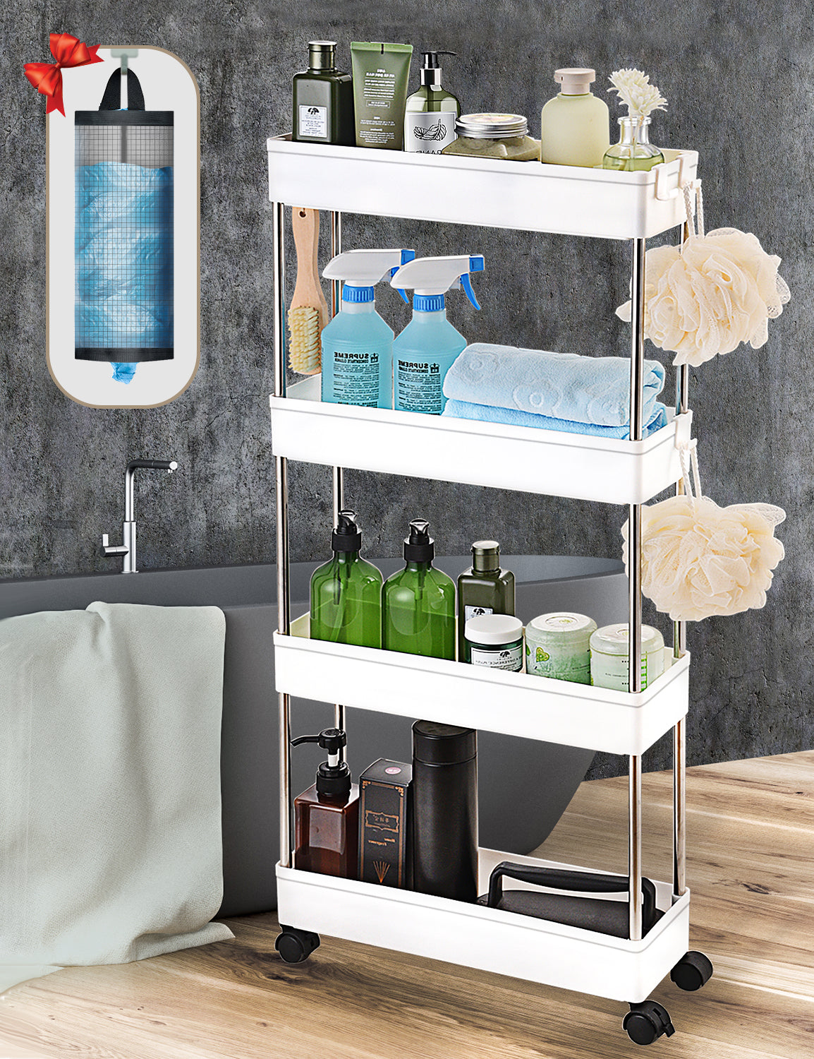 AOSION Shelf Organizer, 4 Tier Rolling Cart for Bathroom Kitchen Bedroom