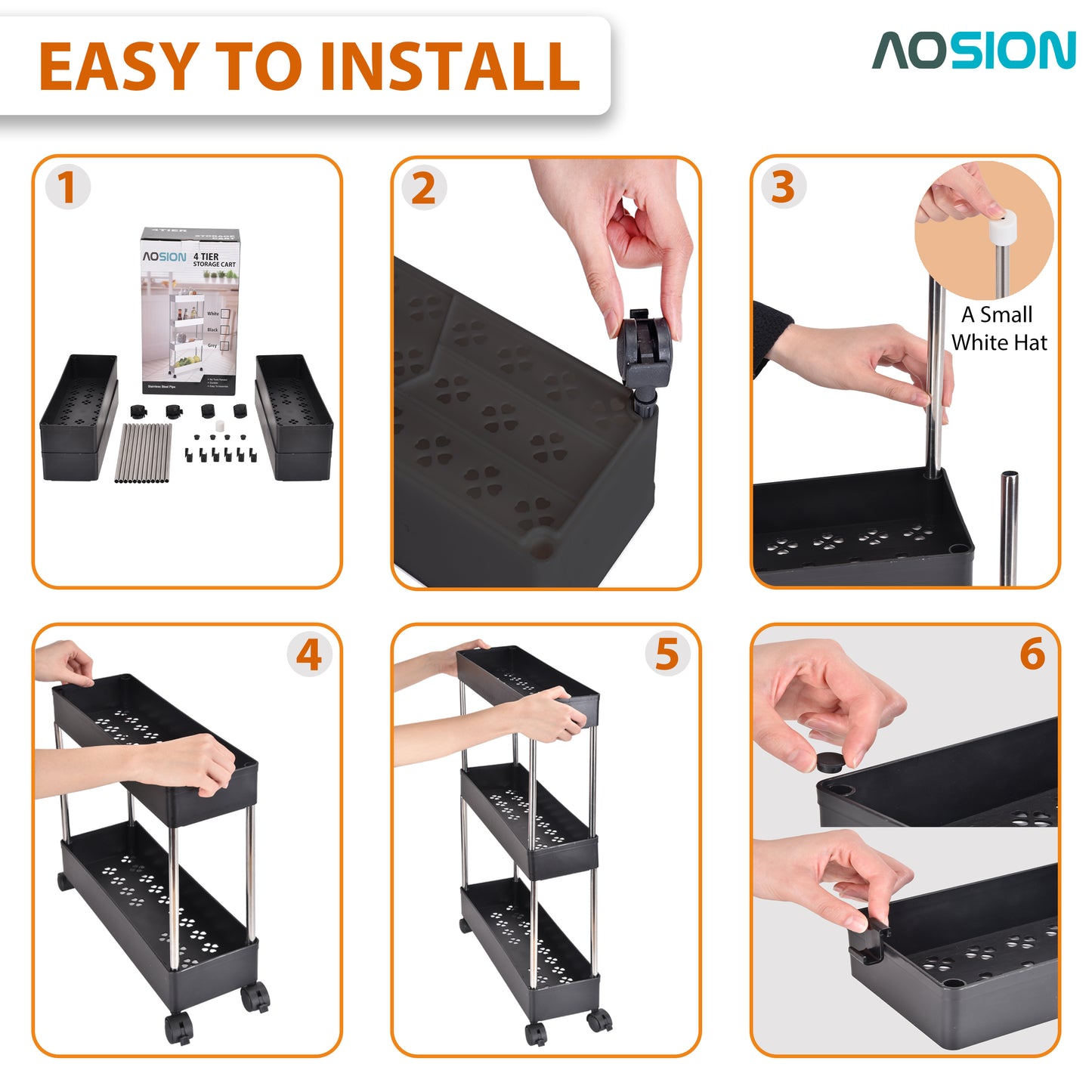 AOSION Shelf Organizer, 4 Tier Rolling Cart for Bathroom Kitchen Bedroom