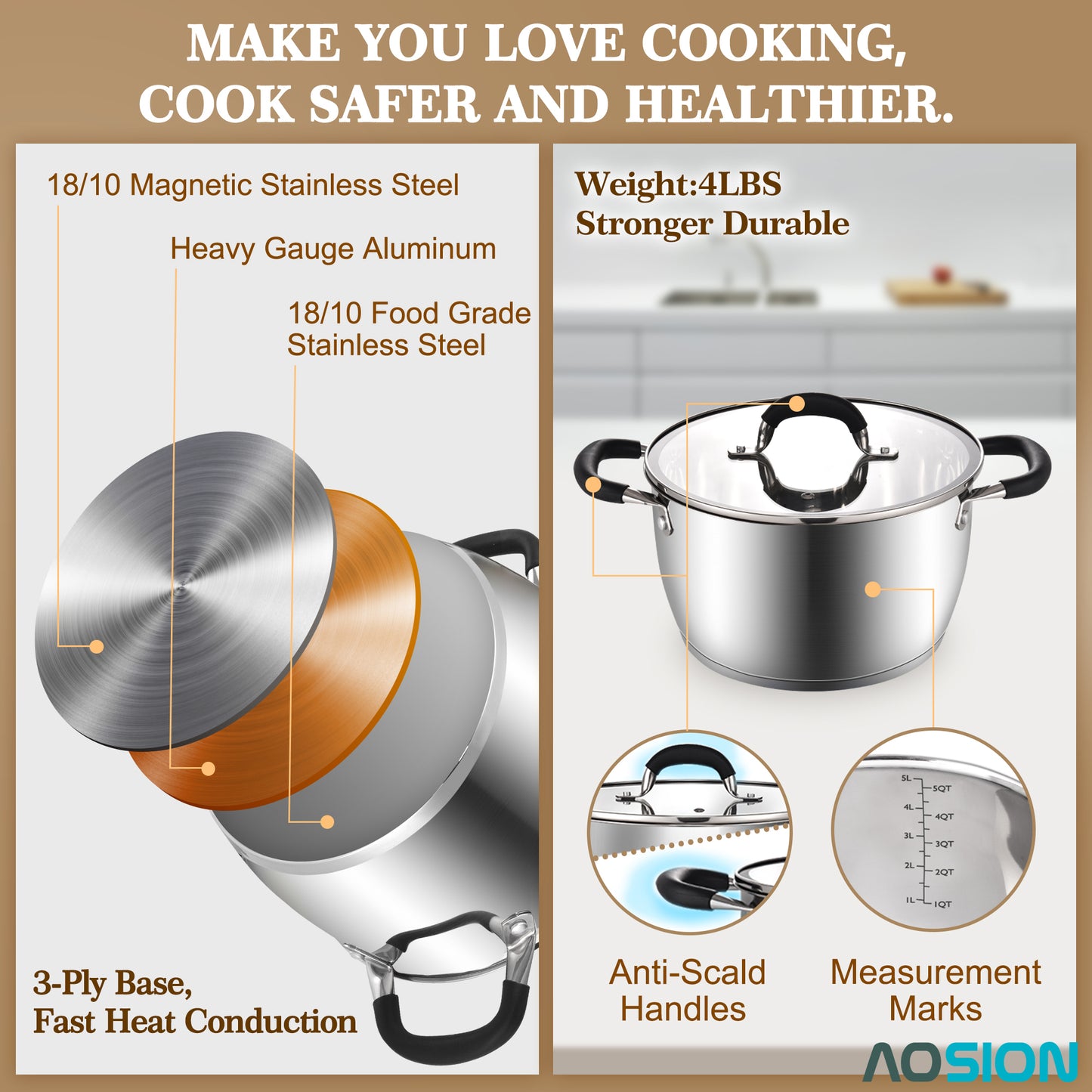 AOSION 6 Quart Pot, Stainless Steel Stock Pot with Glass Lid