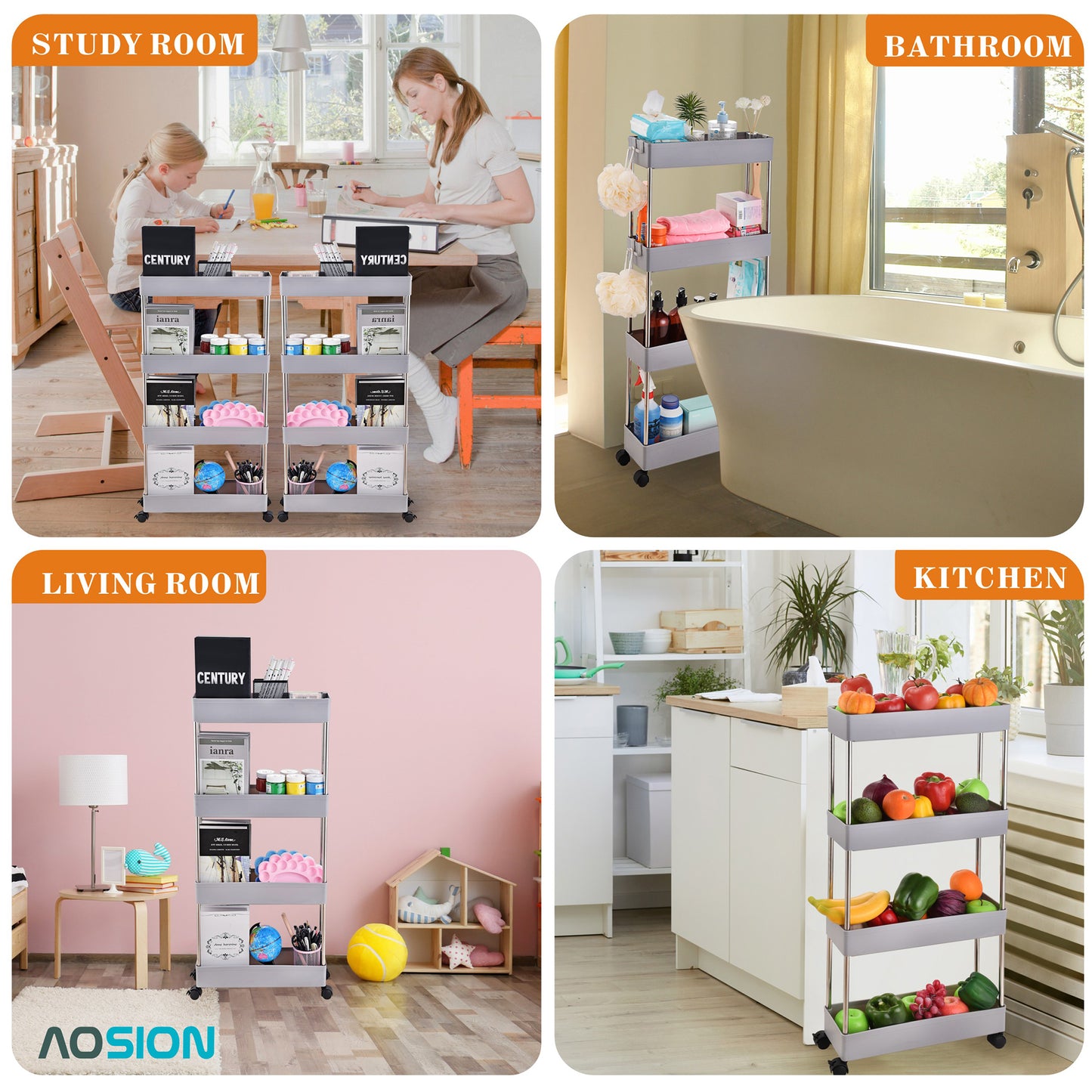 AOSION Shelf Organizer, 4 Tier Rolling Cart for Bathroom Kitchen Bedroom