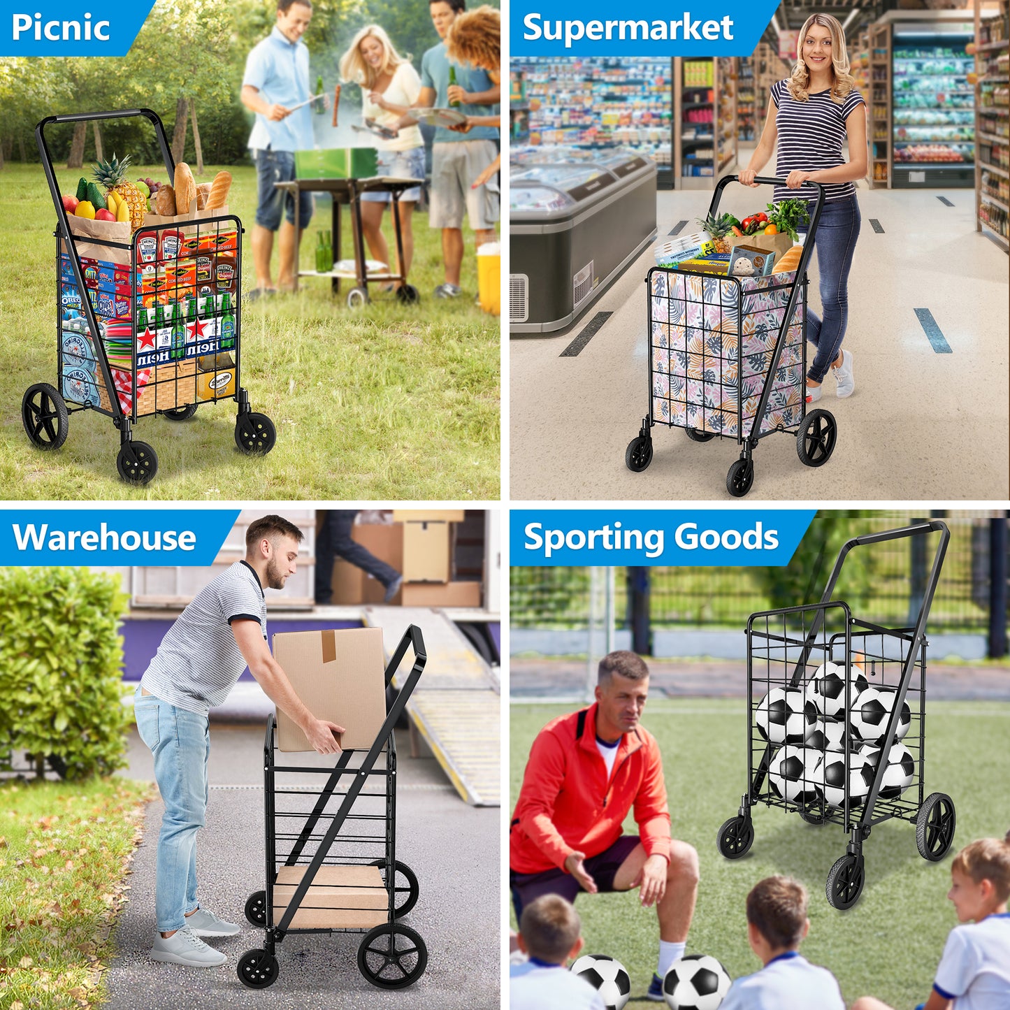 AOSION Grocery Cart With Wheelsr,Rolling Shopping Cart