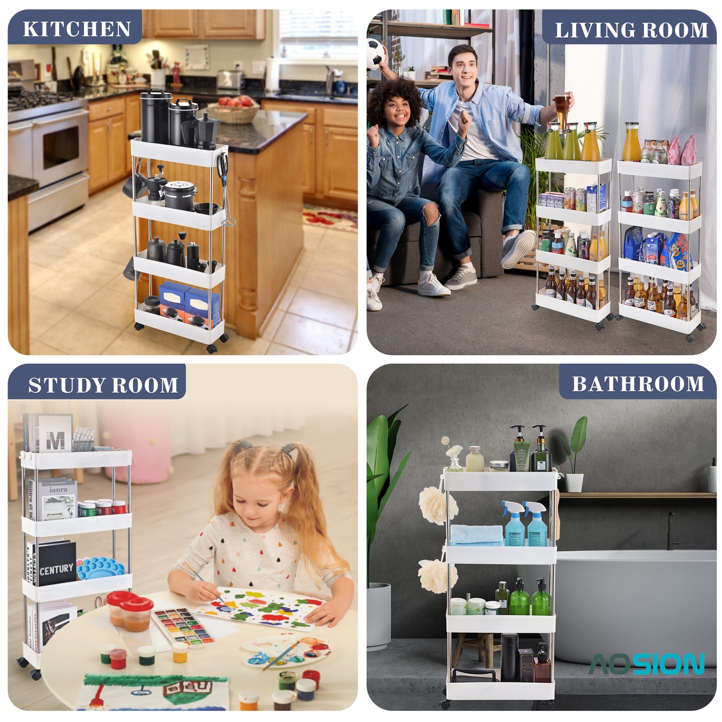 AOSION Shelf Organizer, 4 Tier Rolling Cart for Bathroom Kitchen Bedroom