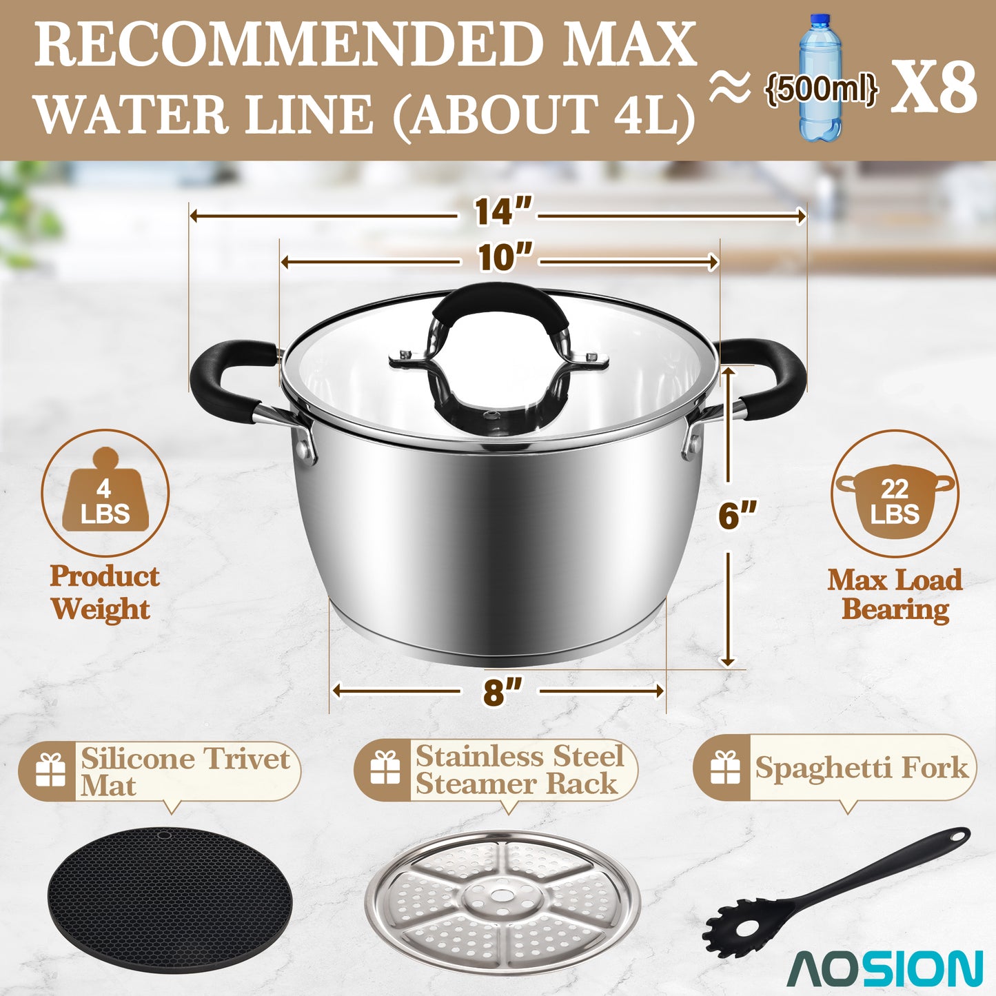 AOSION 6 Quart Pot, Stainless Steel Stock Pot with Glass Lid