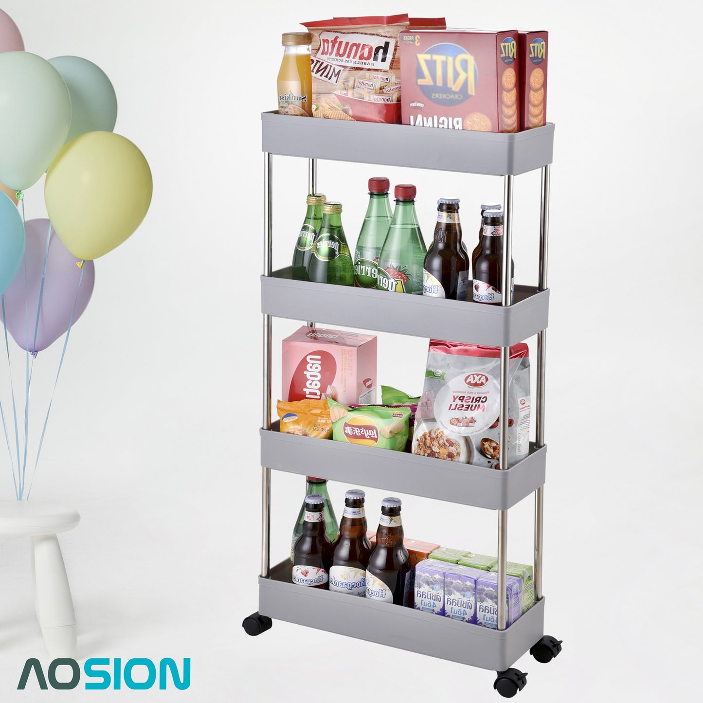 AOSION Shelf Organizer, 4 Tier Rolling Cart for Bathroom Kitchen Bedroom