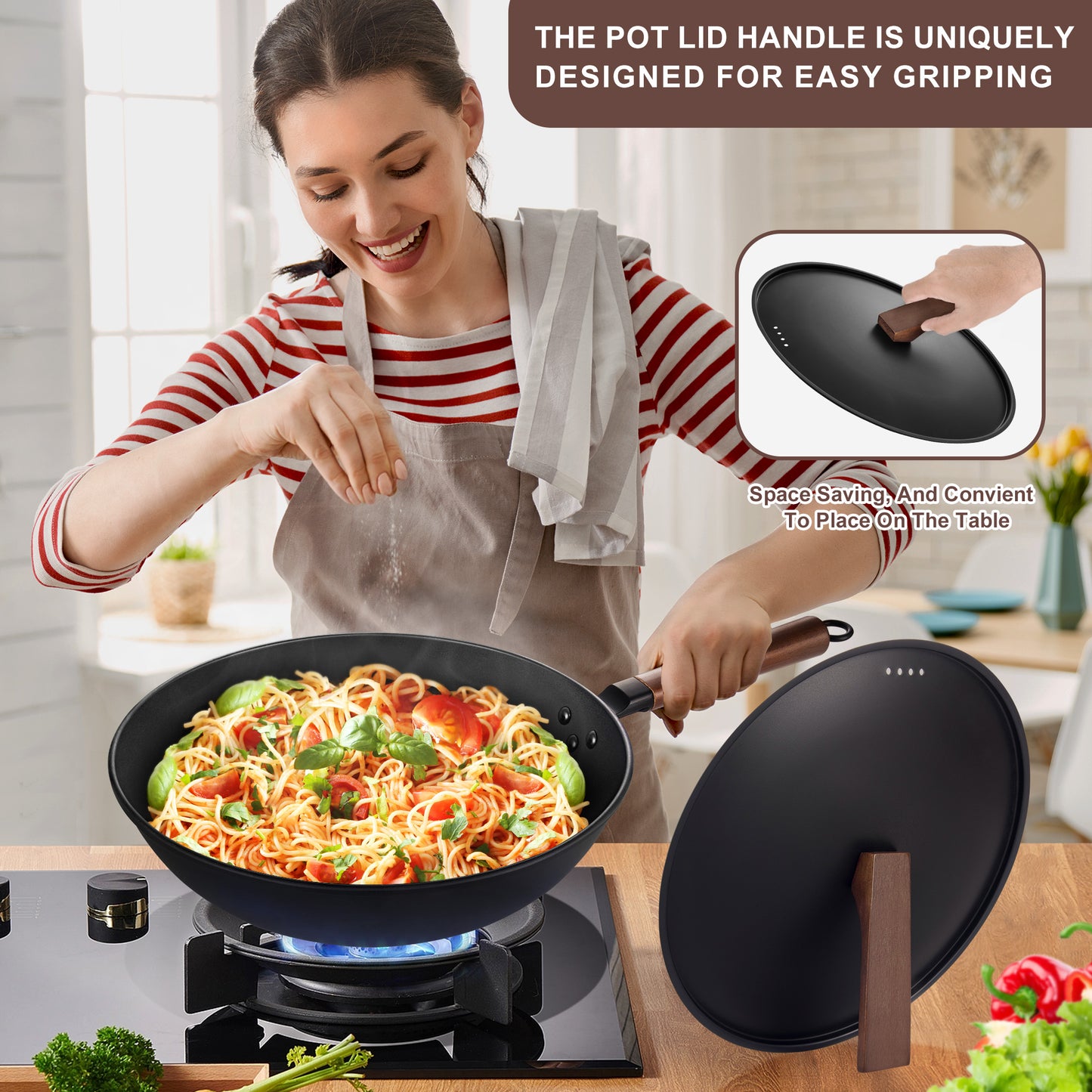 AOSION Carbon Steel Pan,Flat Bottom Wok