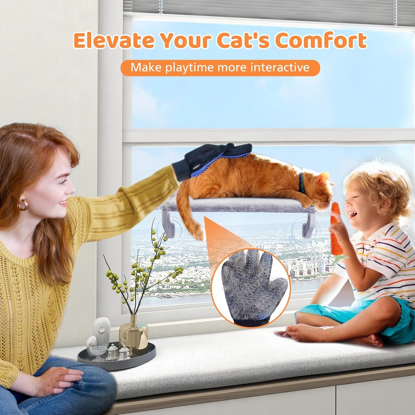 2 in 1 Cat Window Perch,Cat Hammock with Metal Sliding Clamping Adjustment,Removable Two Fabrics Cover,4 Suction Cups,Window Beds for Indoor Cat(26"x13")