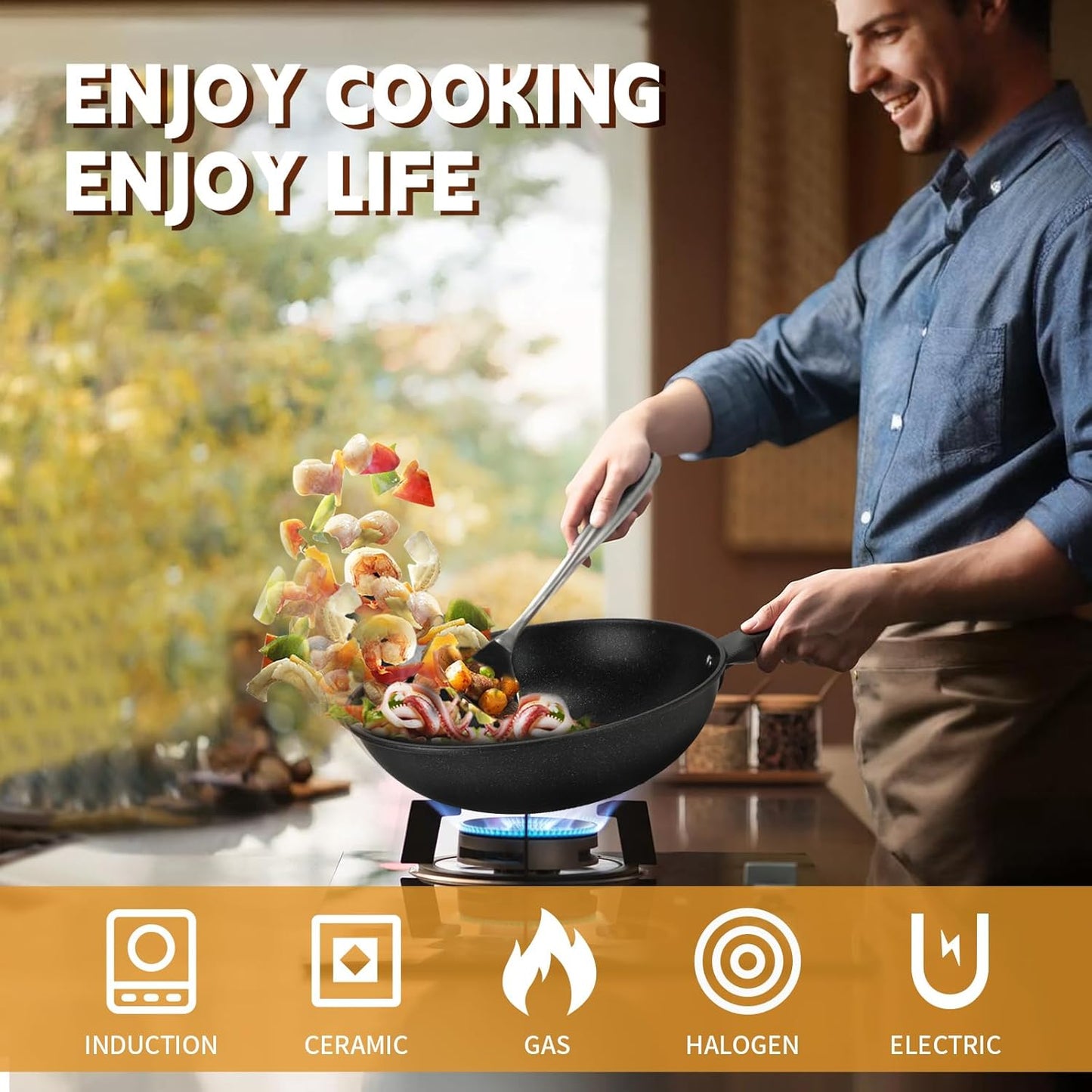 AOSION 13'' Nonstick Wok,Woks & Stir-Fry Pans Non Stick Wok
