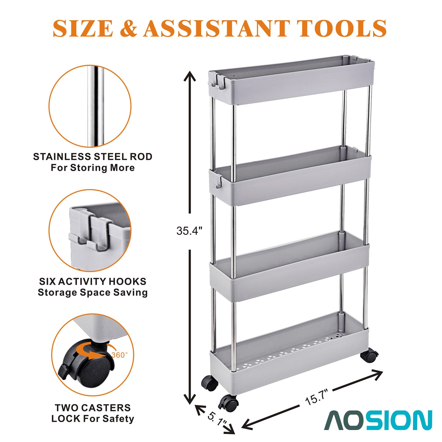 AOSION Shelf Organizer, 4 Tier Rolling Cart for Bathroom Kitchen Bedroom