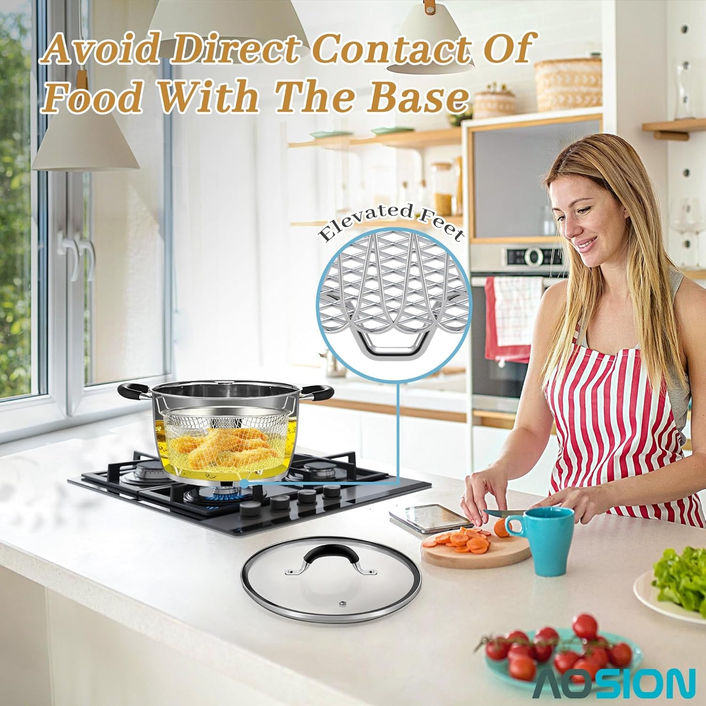 AOSION 6 Quart Stainless Steel Stockpot with Deep Fryer Basket, Stainless Steel Pot with Lid