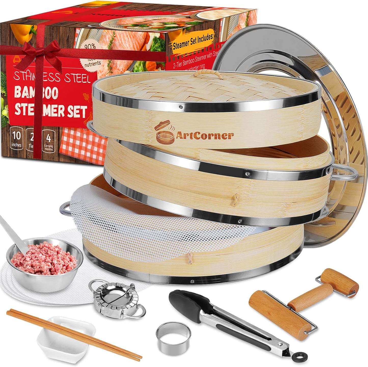 2-Tier Bamboo Steamer Basket Set 10 Inch with Reinforcement & Handle