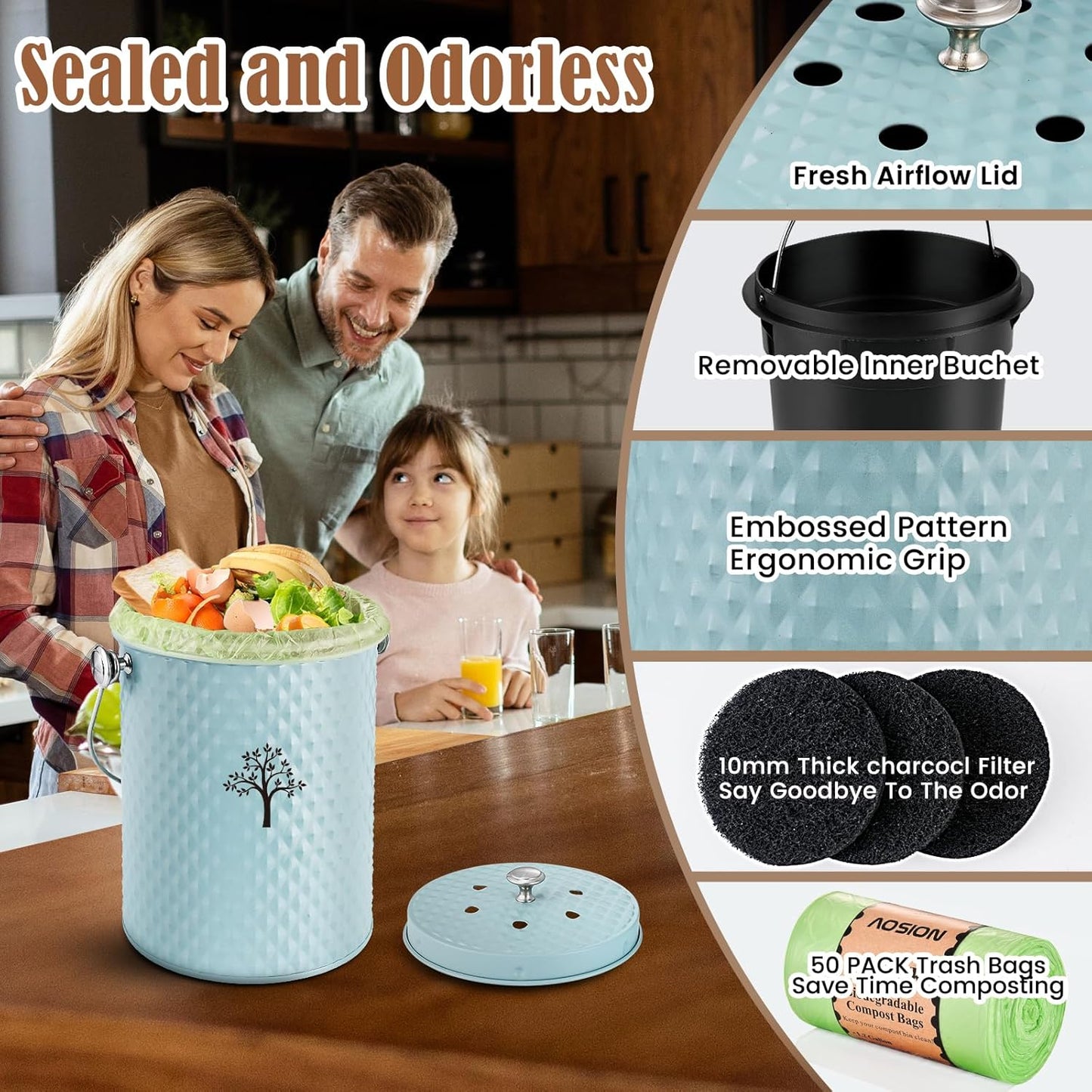 AOSION Countertop Compost Bin Kitchen,Odorless Indoor Compost Bin