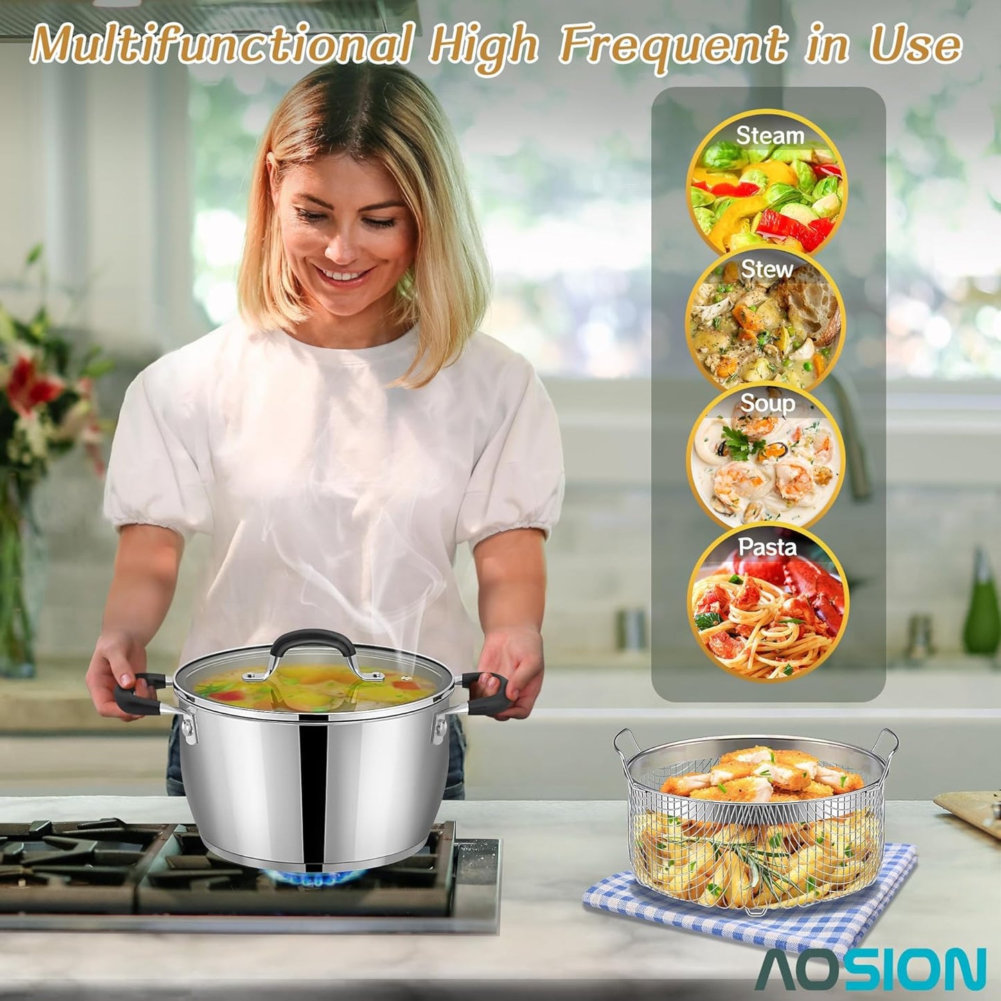 AOSION 6 Quart Stainless Steel Stockpot with Deep Fryer Basket, Stainless Steel Pot with Lid