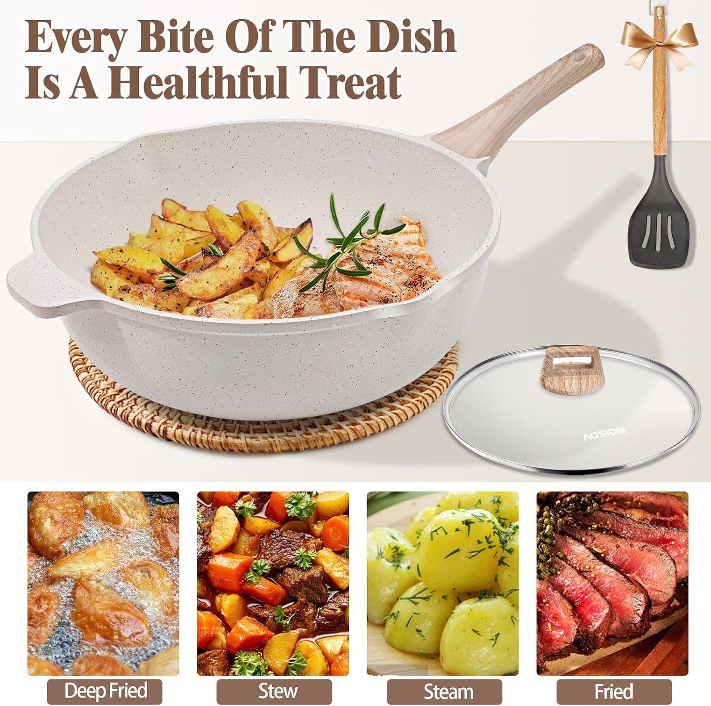 AOSION 11 Inch Nonstick Ceramic Deep Frying Pan Skille with Lid,5QT Sauté Pan for Cooking with Steam Rack,Healthy Large Skillet,Stay Cool Handle, Induction Compatible, PFOA & PFAS Free