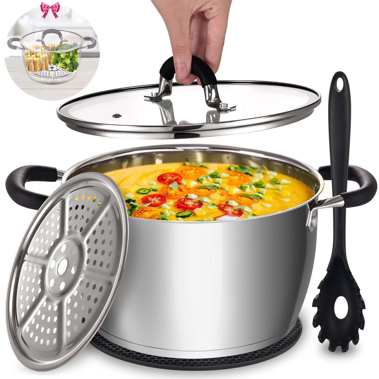 AOSION 6 Quart Pot, Stainless Steel Stock Pot with Glass Lid