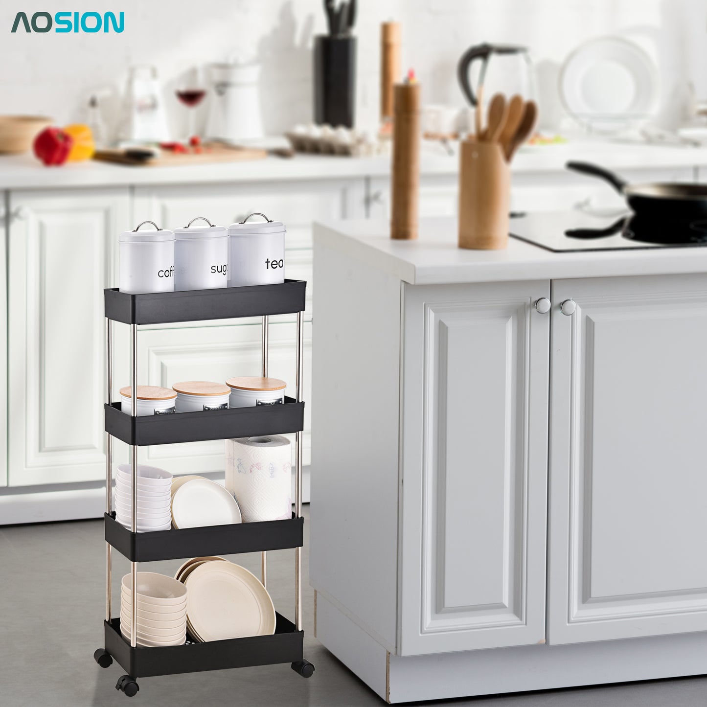 AOSION Shelf Organizer, 4 Tier Rolling Cart for Bathroom Kitchen Bedroom