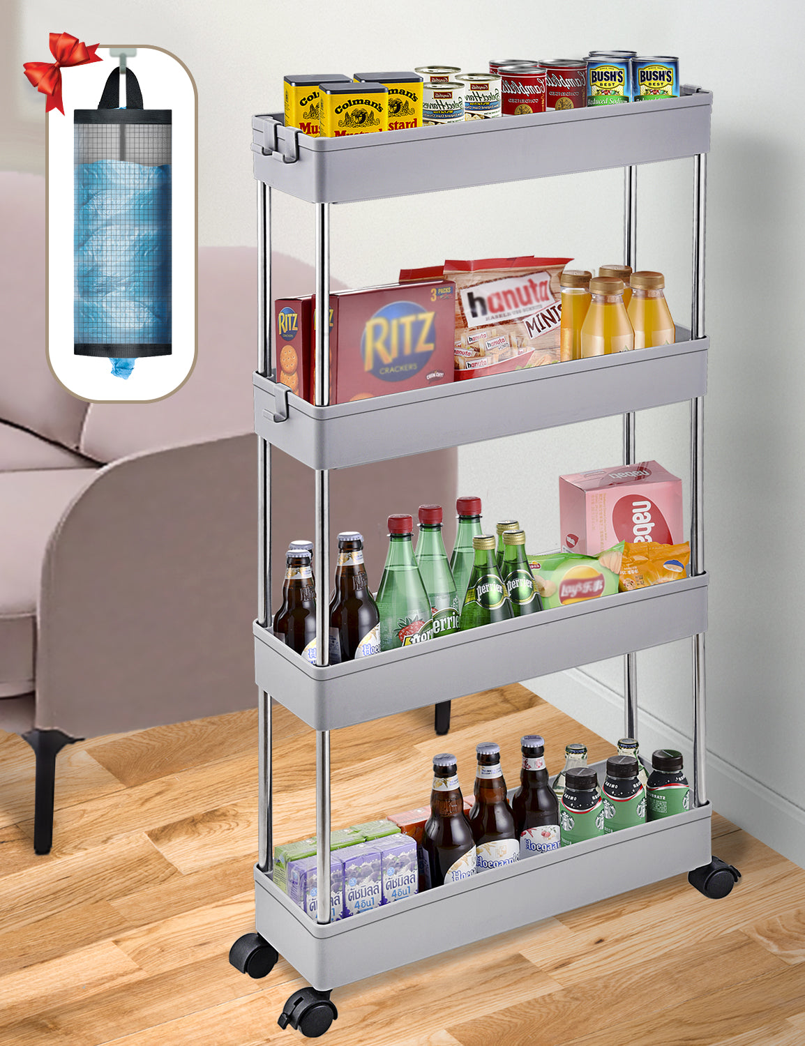 AOSION Shelf Organizer, 4 Tier Rolling Cart for Bathroom Kitchen Bedroom