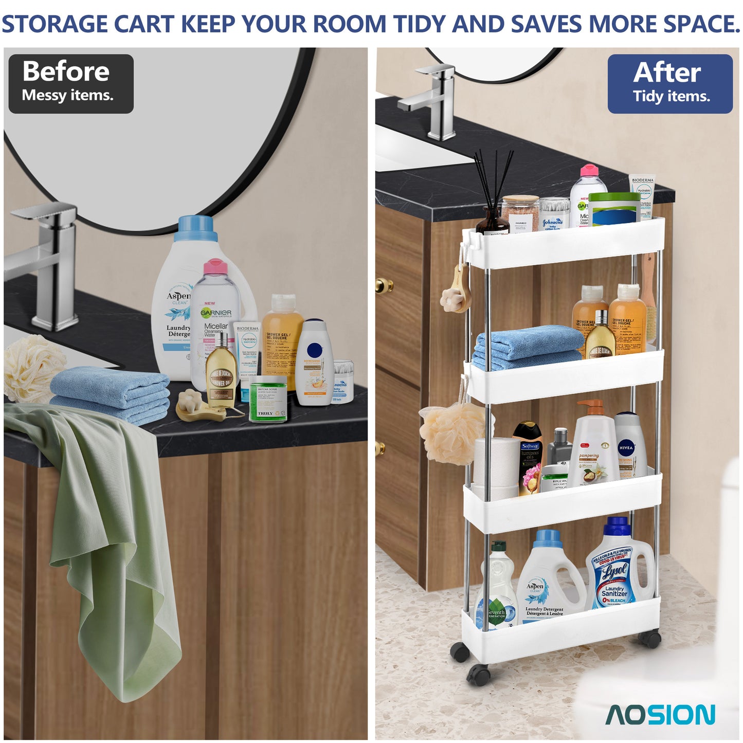 AOSION Shelf Organizer, 4 Tier Rolling Cart for Bathroom Kitchen Bedroom