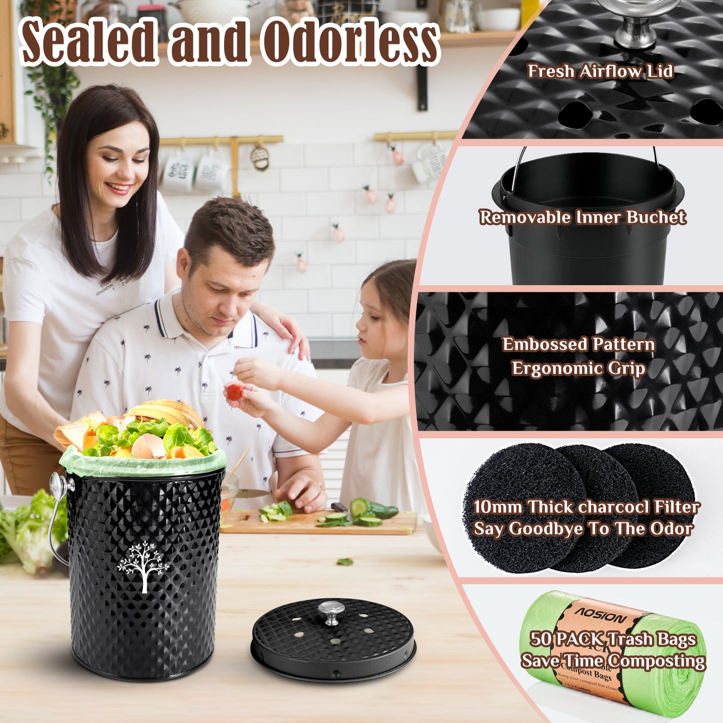 AOIOSN Countertop Compost Bin Kitchen,Odorless Indoor Compost Bin