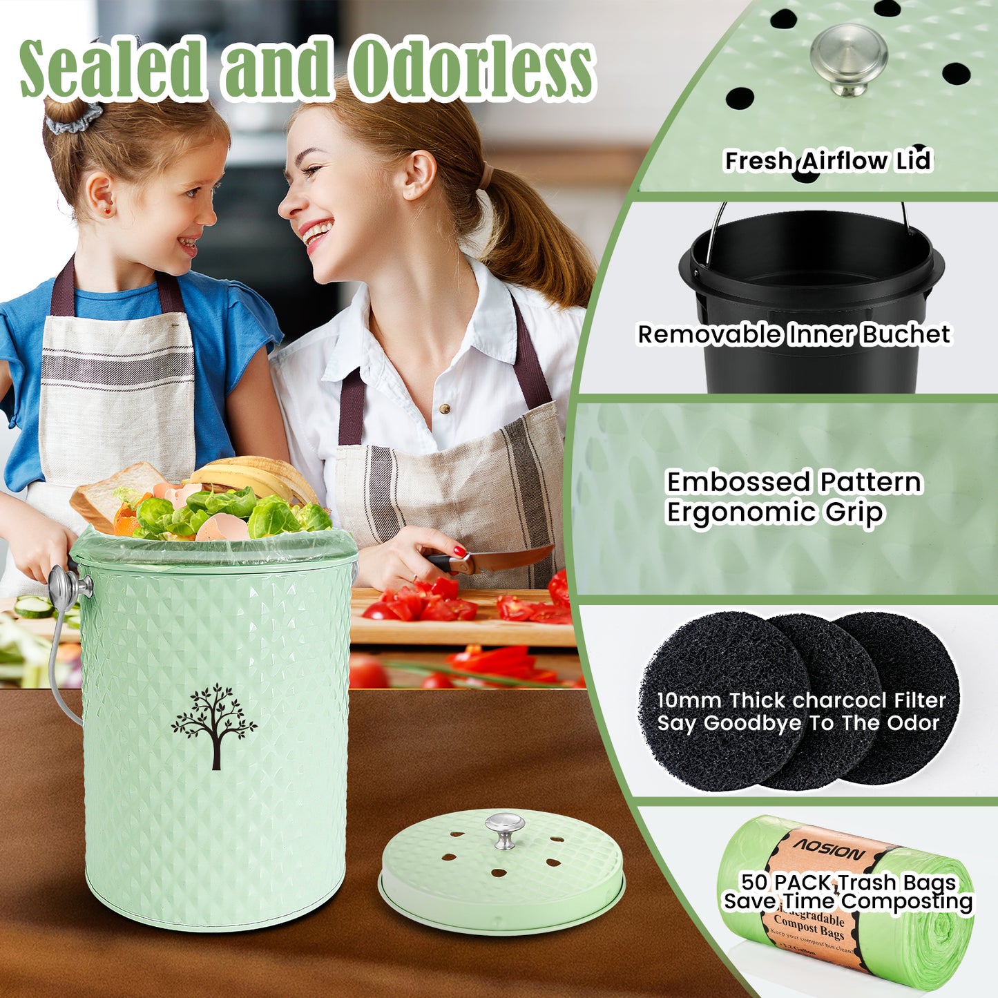 AOIOSN Countertop Compost Bin Kitchen,Odorless Indoor Compost Bin