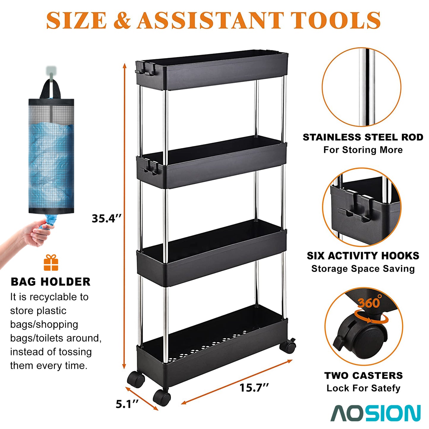 AOSION Shelf Organizer, 4 Tier Rolling Cart for Bathroom Kitchen Bedroom
