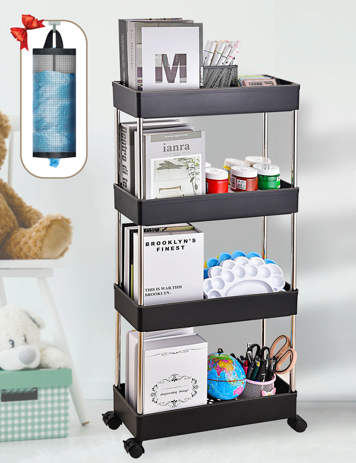 AOSION Shelf Organizer, 4 Tier Rolling Cart for Bathroom Kitchen Bedroom