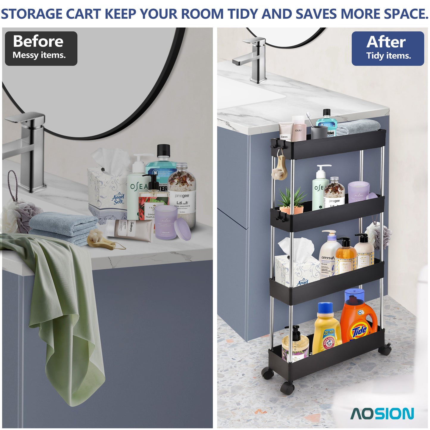 AOSION Shelf Organizer, 4 Tier Rolling Cart for Bathroom Kitchen Bedroom