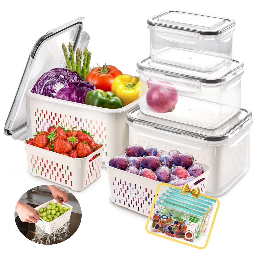5 PCS Large Fruit Containers for Fridge - Leakproof Food Storage Containers  with Removable Colander - Dishwasher & microwave safe Produce Containers