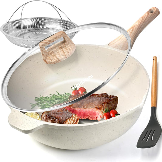 AOSION 11 Inch Nonstick Ceramic Deep Frying Pan Skille with Lid,5QT Sauté Pan for Cooking with Steam Rack,Healthy Large Skillet,Stay Cool Handle, Induction Compatible, PFOA & PFAS Free