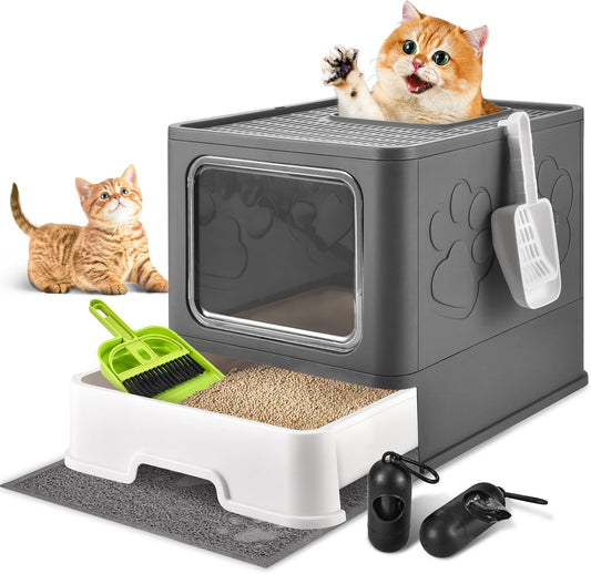 Cat Litter Box with Litter Mat, Foldable Extra Large Free in and Out/One-Way with Lid, Drawer Type Enclosed Kitty Litter Box,Odor Control Anti-Splashing Easy Cleaning