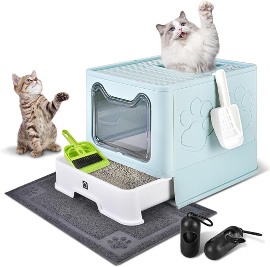 Enclosed Cat Litter Box with Lid Foldable Potty,Drawer Type Extra Large Cover Litter Box with Mat, Kitty Free in and Out/One-Way,Odor Control Anti-Splashing Easy Cleaning