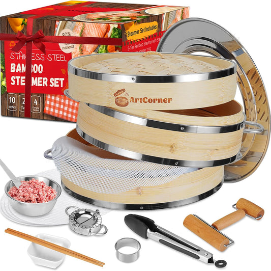 2-Tier Bamboo Steamer Basket Set 10 Inch with Reinforcement & Handle
